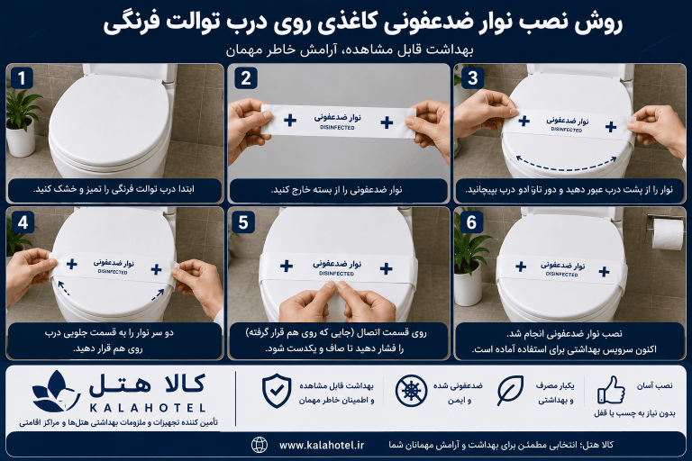 روش نصب نوار ضدعفونی کاغذی روی درب توالت فرنگی – آموزش تصویری و خرید